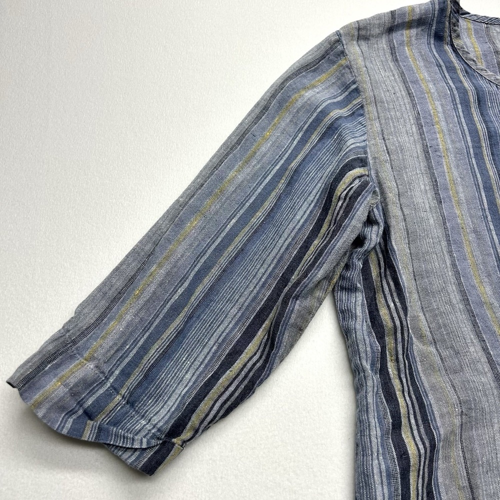 Flax Crop Linen Button Up Striped Shirt Size M Blue Yellow Lagenlook‎ Beach Boho - Picture 2 of 10